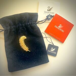 Swarovski Gold Tone Rhinestone Feather Brooch Pin, Signed (Gift for Writer)